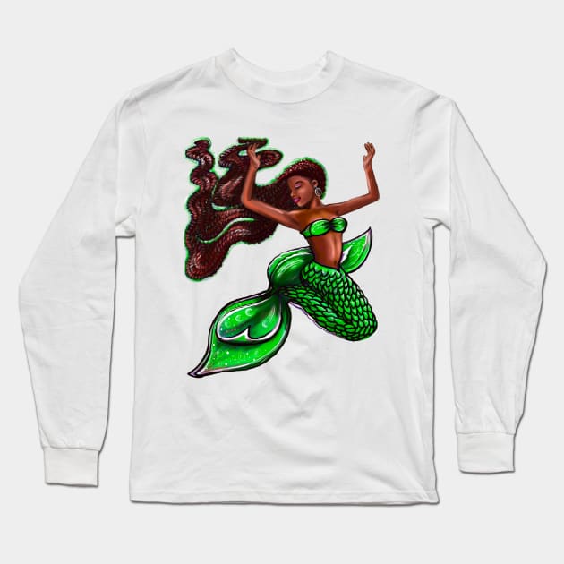 Black mermaid with rainbow fins, red locs Afro hair and brown skin. African American Mermaids Long Sleeve T-Shirt by Artonmytee